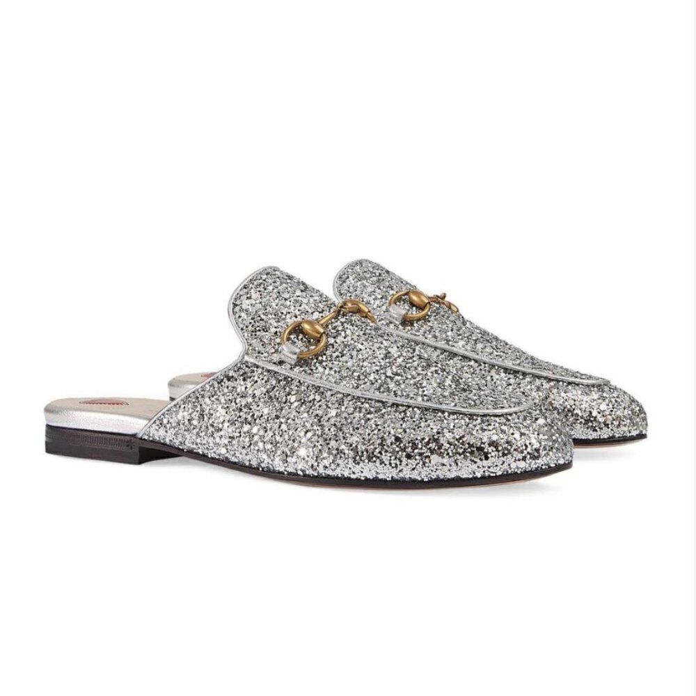 Gucci Princetown Horsebit-Detailed Glitter Leather Slippers size 37